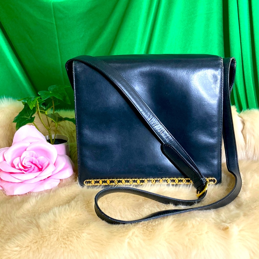 Vintage Gucci Bag Purse Crossbody Black Navy Leather Gold Hardware